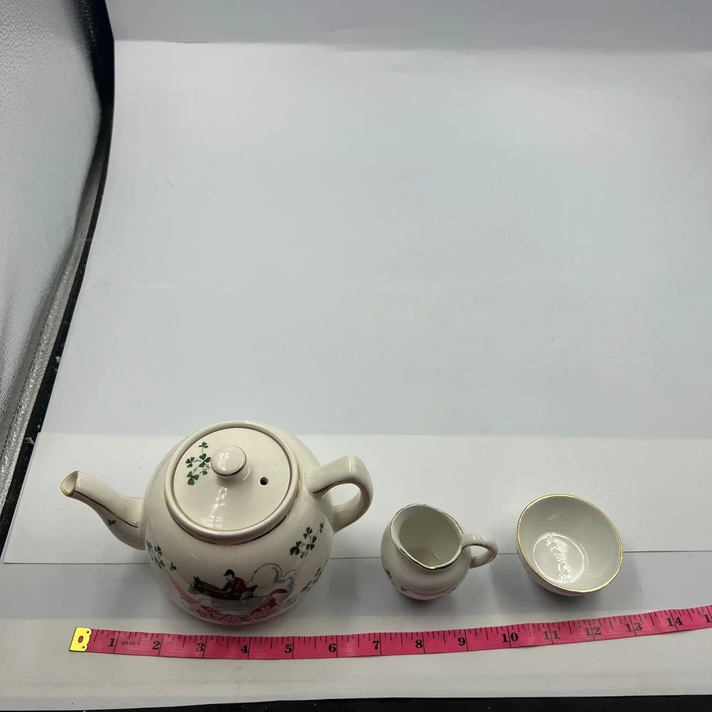 Vintage Carrigaline Ireland Fox Hunt Tea Set Teapot Creamer Sugar Shamrocks Gold